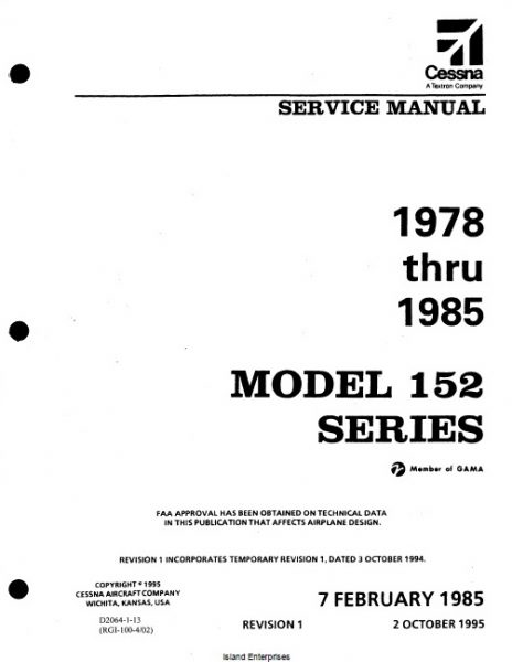 Cessna 152 Series 1978 thru 1985 Service Manual D2064-1-13v95