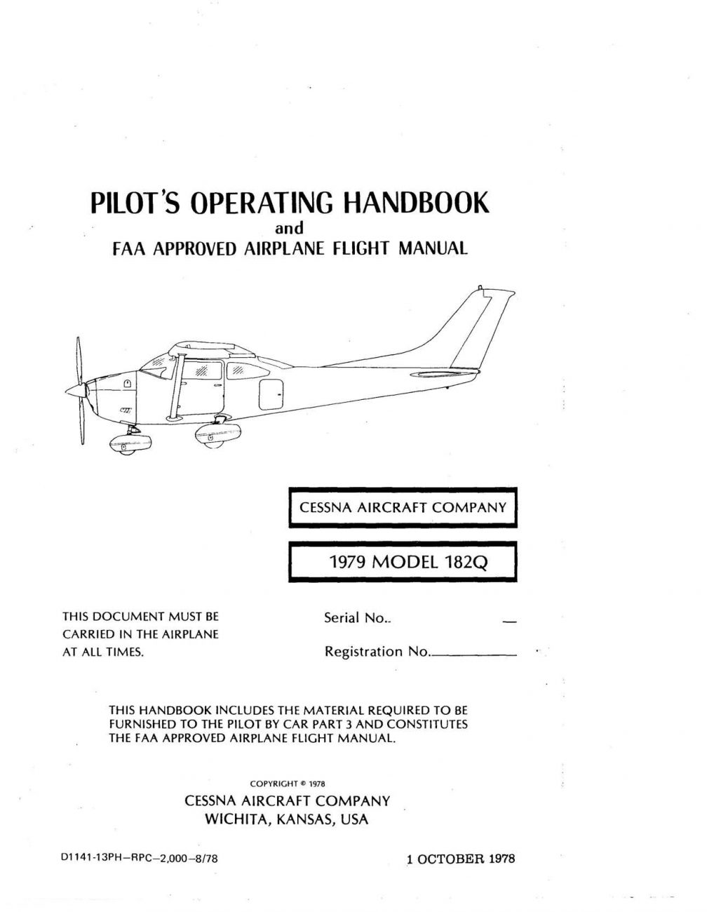 Cessna Model 182Q Pilot's Operating Handbook Airplane Flight Manual ...