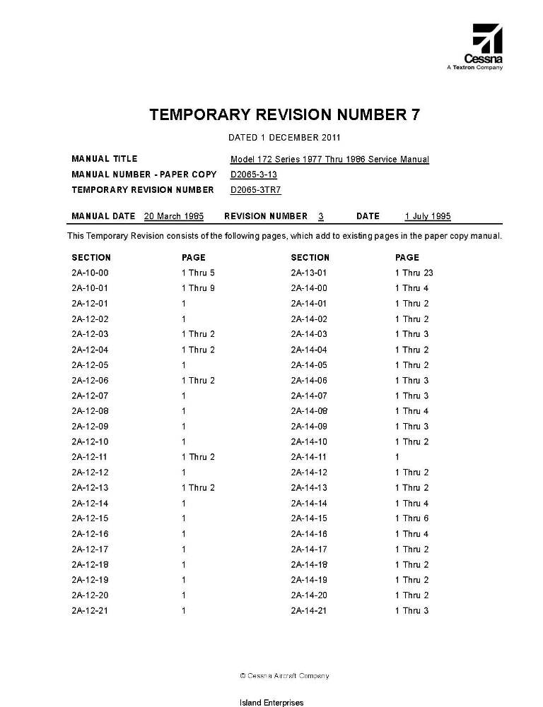 Cessna Model 172 Series (1977 Thru 1986) Service Manual D2065-3TR7